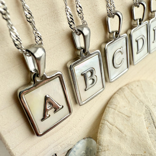 Silver Carrie Mother Of Pearl Inlayed Initial Charm Necklace Letter B