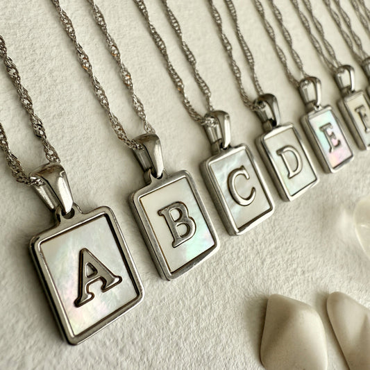 Silver Carrie Mother Of Pearl Inlayed Initial Charm Necklace Letter F