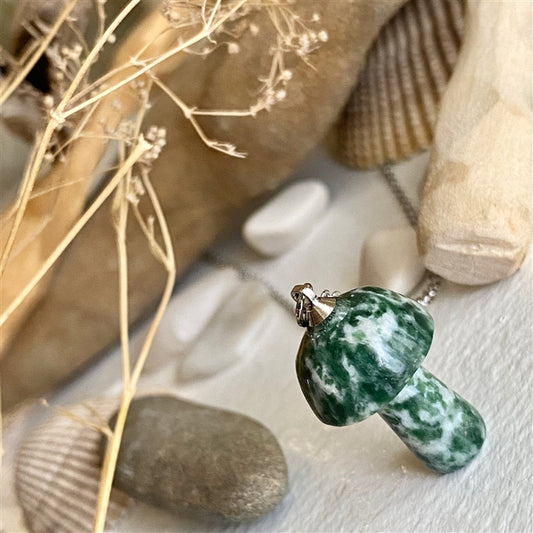 Bolete Stone Mushroom Pendant Necklace In Moss Jasper