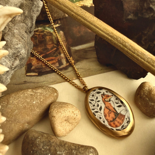 Reynard Fox Cold Oval Porcelain Charm Necklace