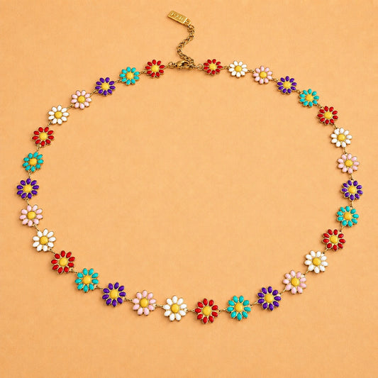 Takashi Multi-coloured Flower Chain Necklace in Enamel & Gold