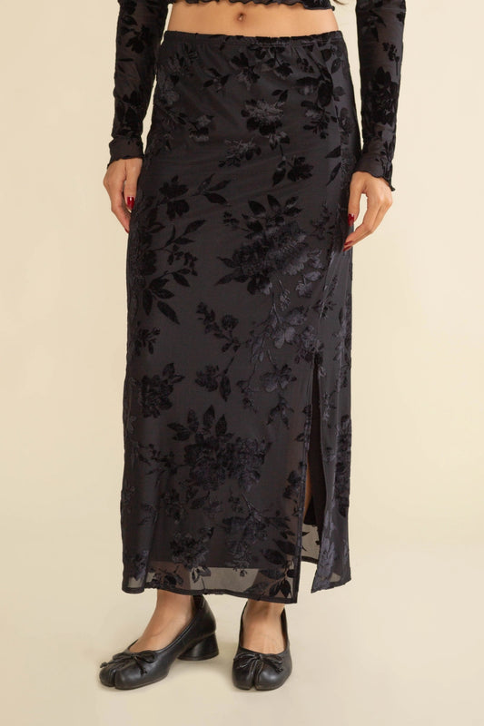 Marci Mesh Floral Velvet Burnout Maxi Skirt - Plus Size