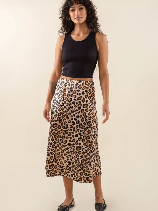 Daphne Leopard Satin Midi Skirt - Plus Size