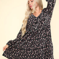 Flower Printed Velvet Babydoll Mini Dress