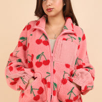 Cherry Print Sherpa Jacket