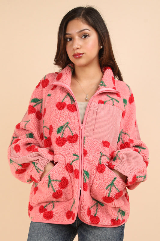 Cherry Print Sherpa Jacket