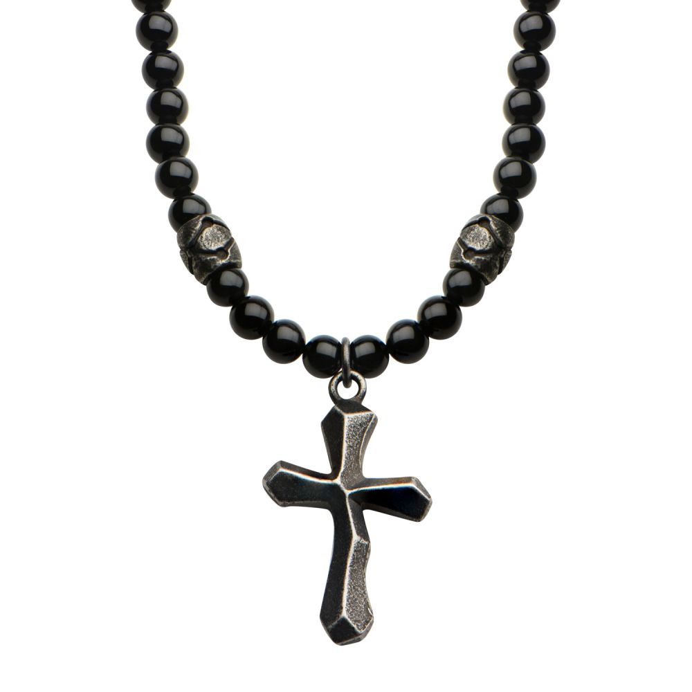 Black Onyx Beads w/ Steel Cross Necklace 28"