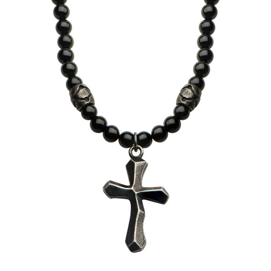 Black Onyx Beads w/ Steel Cross Necklace 28"