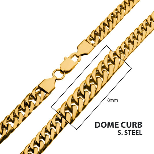 8mm 18Kt Gold IP Dome Curb Chain Necklace 24"