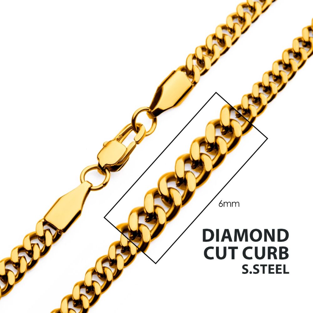 6mm 18Kt Gold IP Diamond Cut Curb Chain 22"