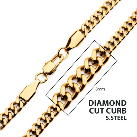 18K Gold IP Diamond Cut Curb Chain 8mm x 22In