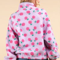 Printed Fleece Henley Zip Up Top with Pockets