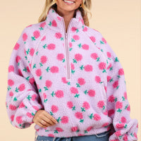 Printed Fleece Henley Zip Up Top with Pockets