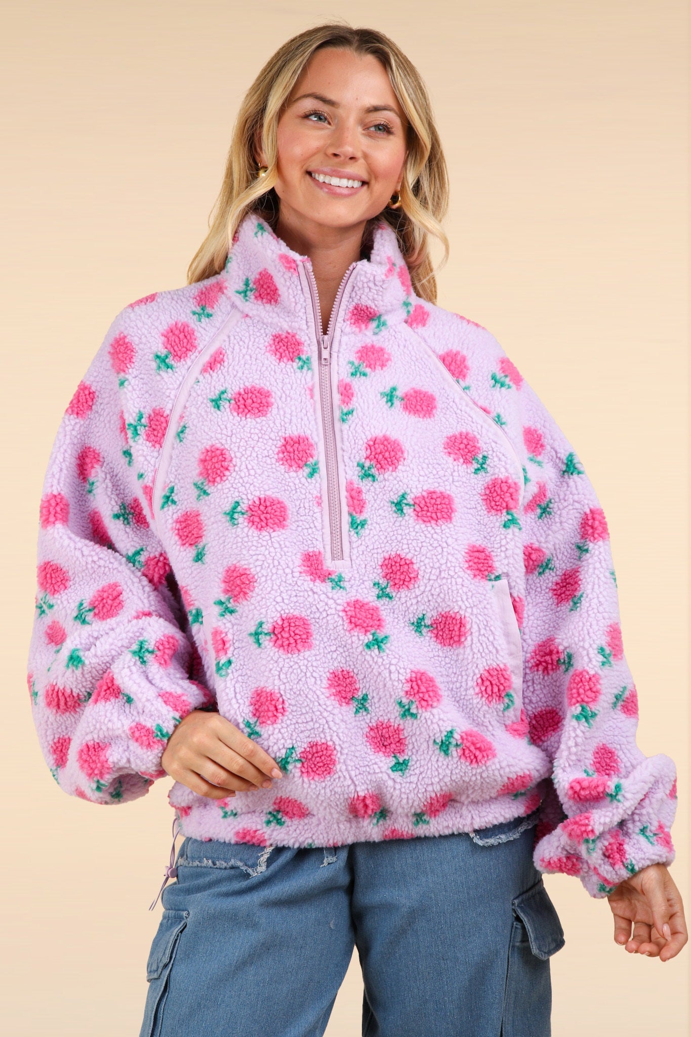 Printed Fleece Henley Zip Up Top with Pockets