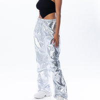 Metallic Low Waist Cargo Parachute Pants