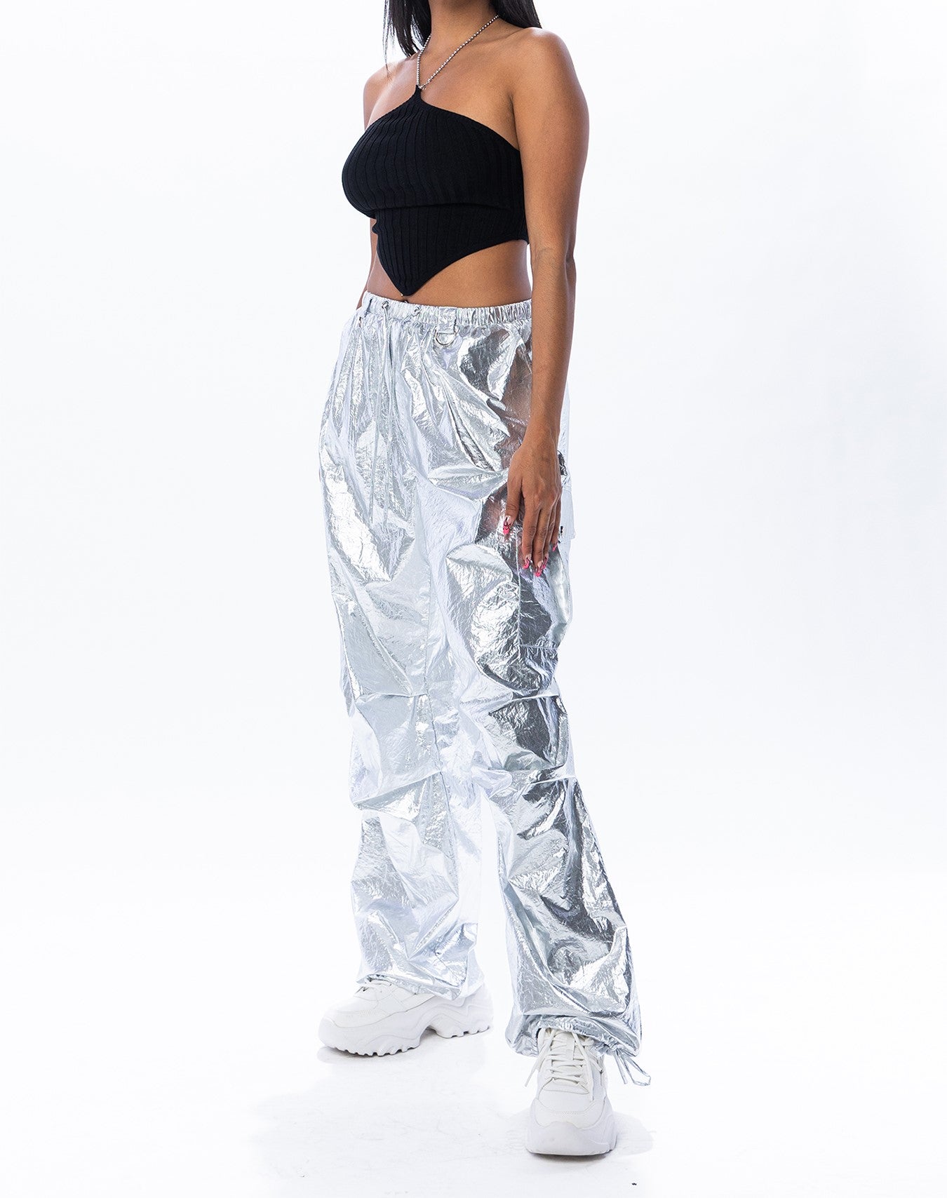 Metallic Low Waist Cargo Parachute Pants