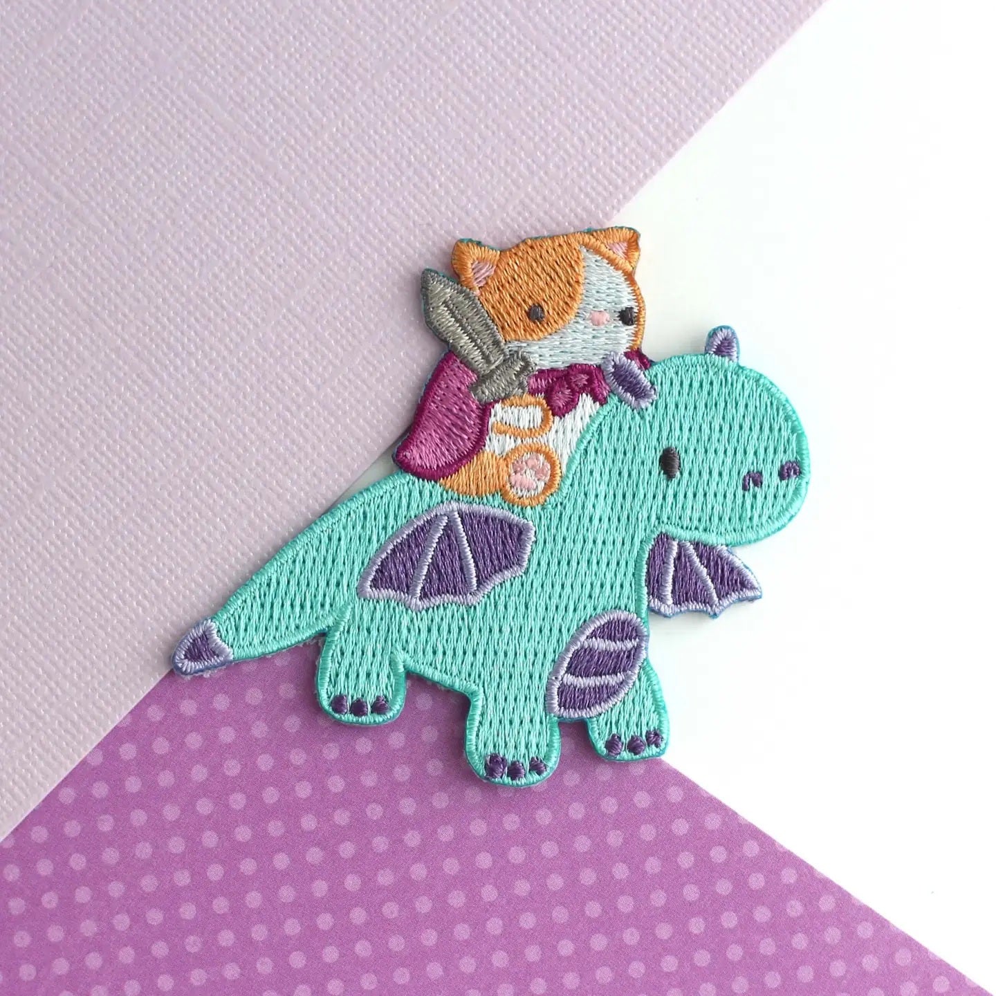 Cat Riding Dragon Embroidered Iron On Patch