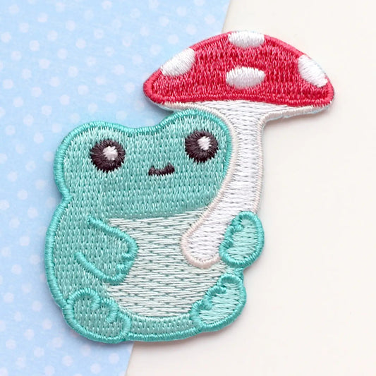 Frog With Mushroom Umbrella Embroidered Iron On Patch