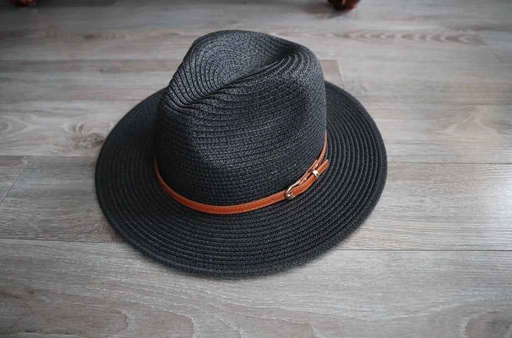 Short Brim Black Panama Fedora Straw Hat with Faux Leather Belt