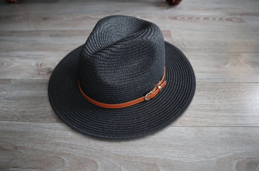 Short Brim Black Panama Fedora Straw Hat with Faux Leather Belt
