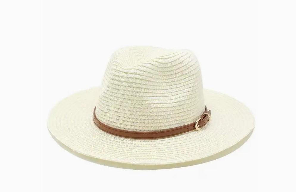 Short Brim Panama Fedora Straw Hat Ivory Color With Faux Leather Belt