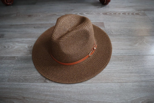 Short Brim Khaki Panama Fedora Straw Hat with Faux Leather Belt