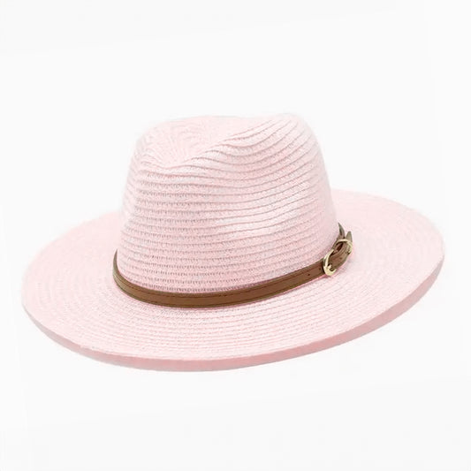 Short Brim Panama Pink Fedora Straw Hat with Faux Leather Belt