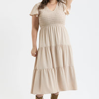 Khaki Plus Flutter Sleeve Midi Dress