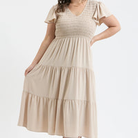 Khaki Plus Flutter Sleeve Midi Dress
