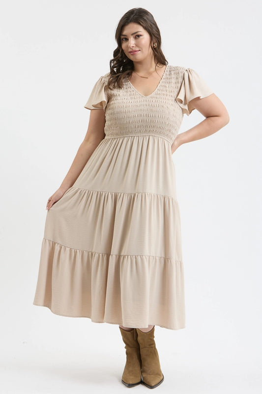 Khaki Plus Flutter Sleeve Midi Dress