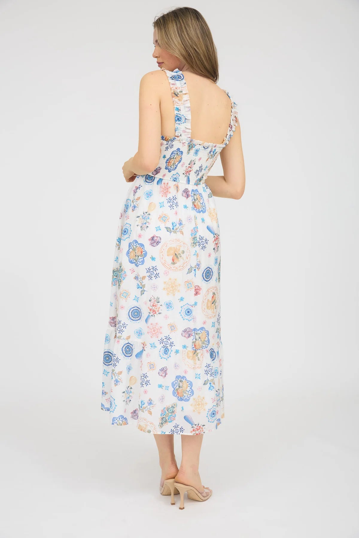 Plus Fruit Print Smocked Sleeveless Midi Dress