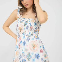 Plus Fruit Print Smocked Sleeveless Midi Dress