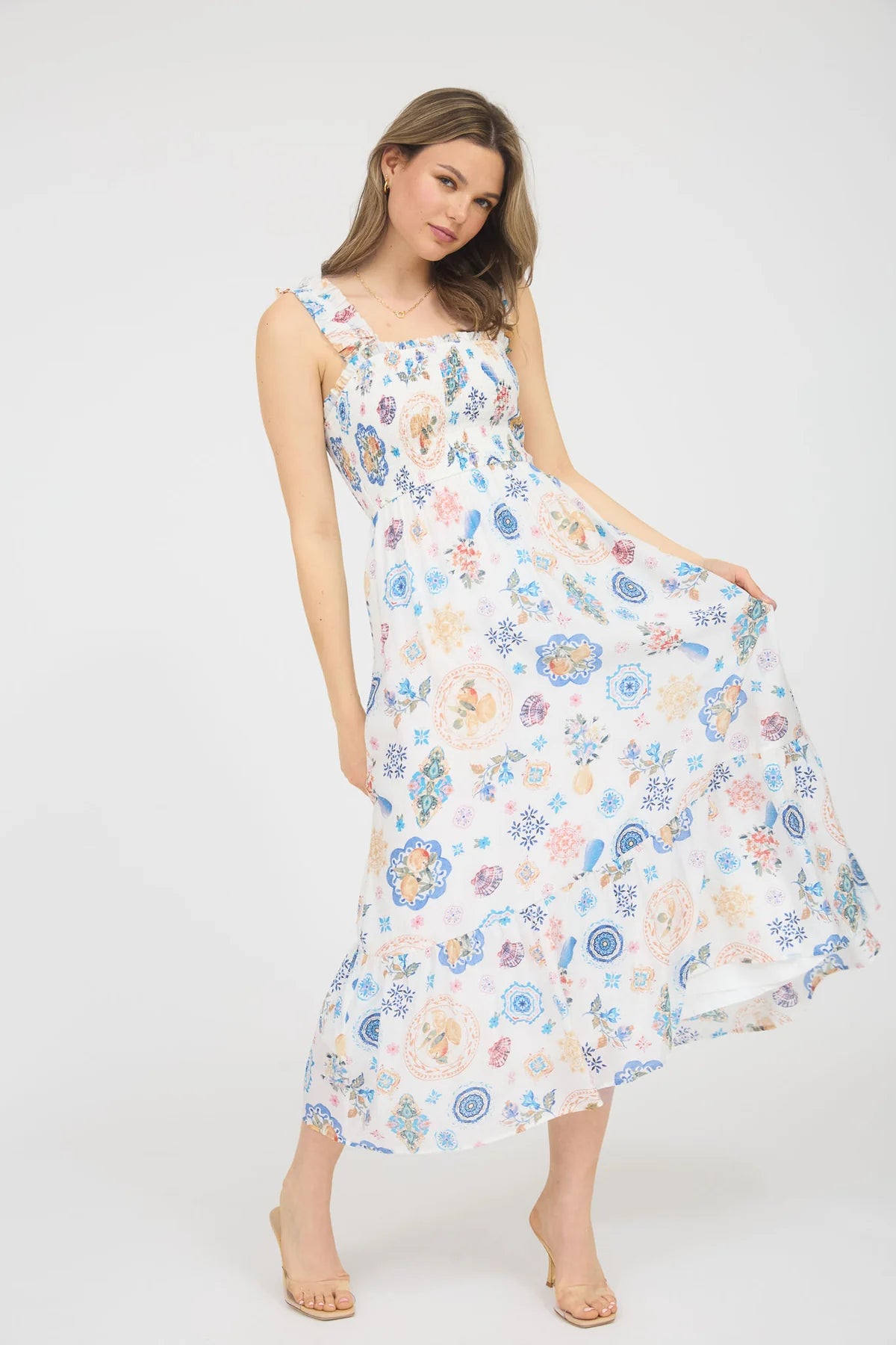Plus Fruit Print Smocked Sleeveless Midi Dress
