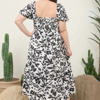 Plus Black Floral Scallop Trim Puff Sleeve Midi Dress