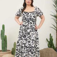 Plus Black Floral Scallop Trim Puff Sleeve Midi Dress