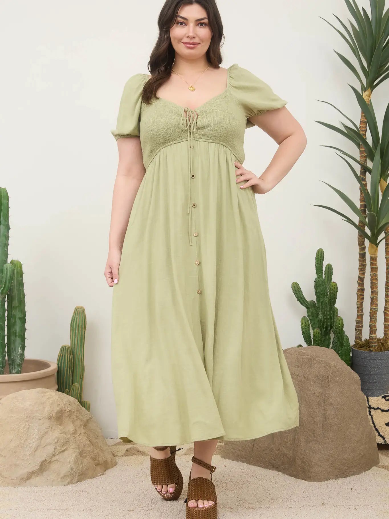 Light Olive Plus Smocked Front Tie Button Down Midi Sundress