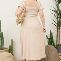 Light Khaki Plus Smocked Front Tie Button Down Midi Sundress