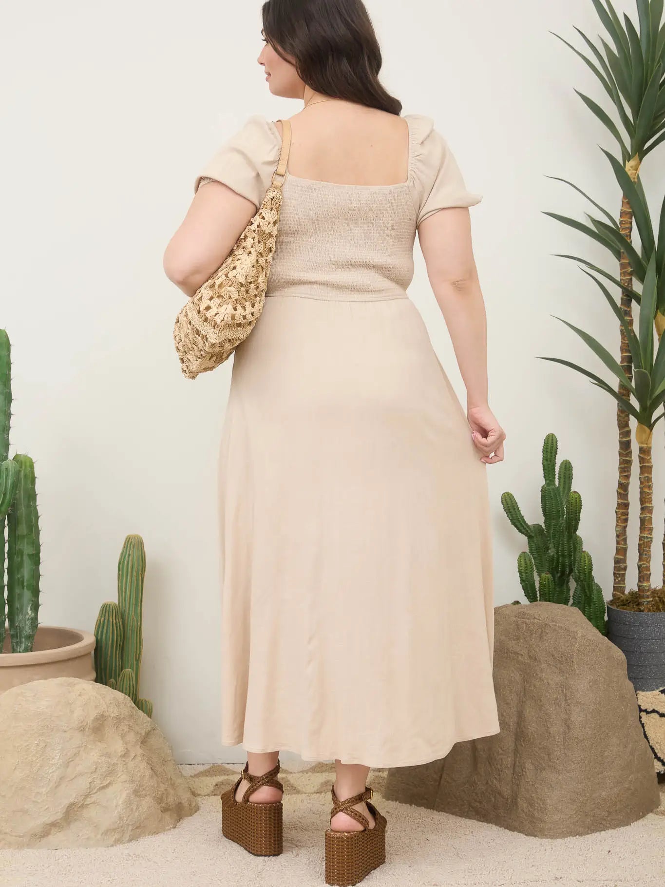 Light Khaki Plus Smocked Front Tie Button Down Midi Sundress