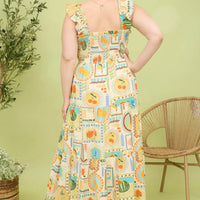 Plus Multi Color Fruit Print Smocked Midi Dress