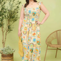 Plus Multi Color Fruit Print Smocked Midi Dress
