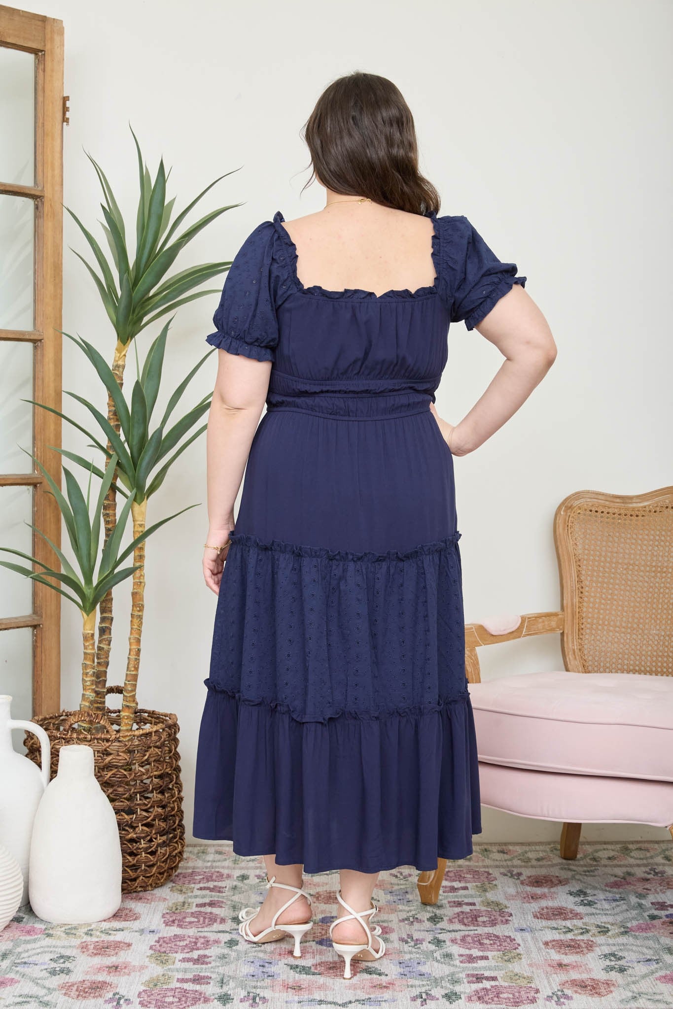 Plus Contrast Pattern Front Tie Tiered Midi Dress