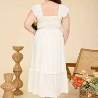 Plus Mock Button Down Smocked Ruffle Detail Midi Dress