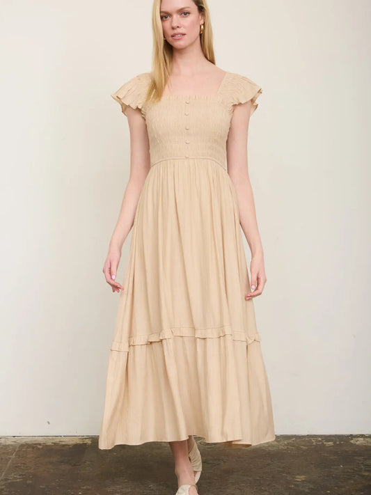 Plus Mock Button Down Smocked Ruffle Detail Midi Dress