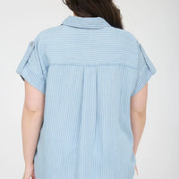 Plus Stripe Collared Pocket Detail Chambray Top