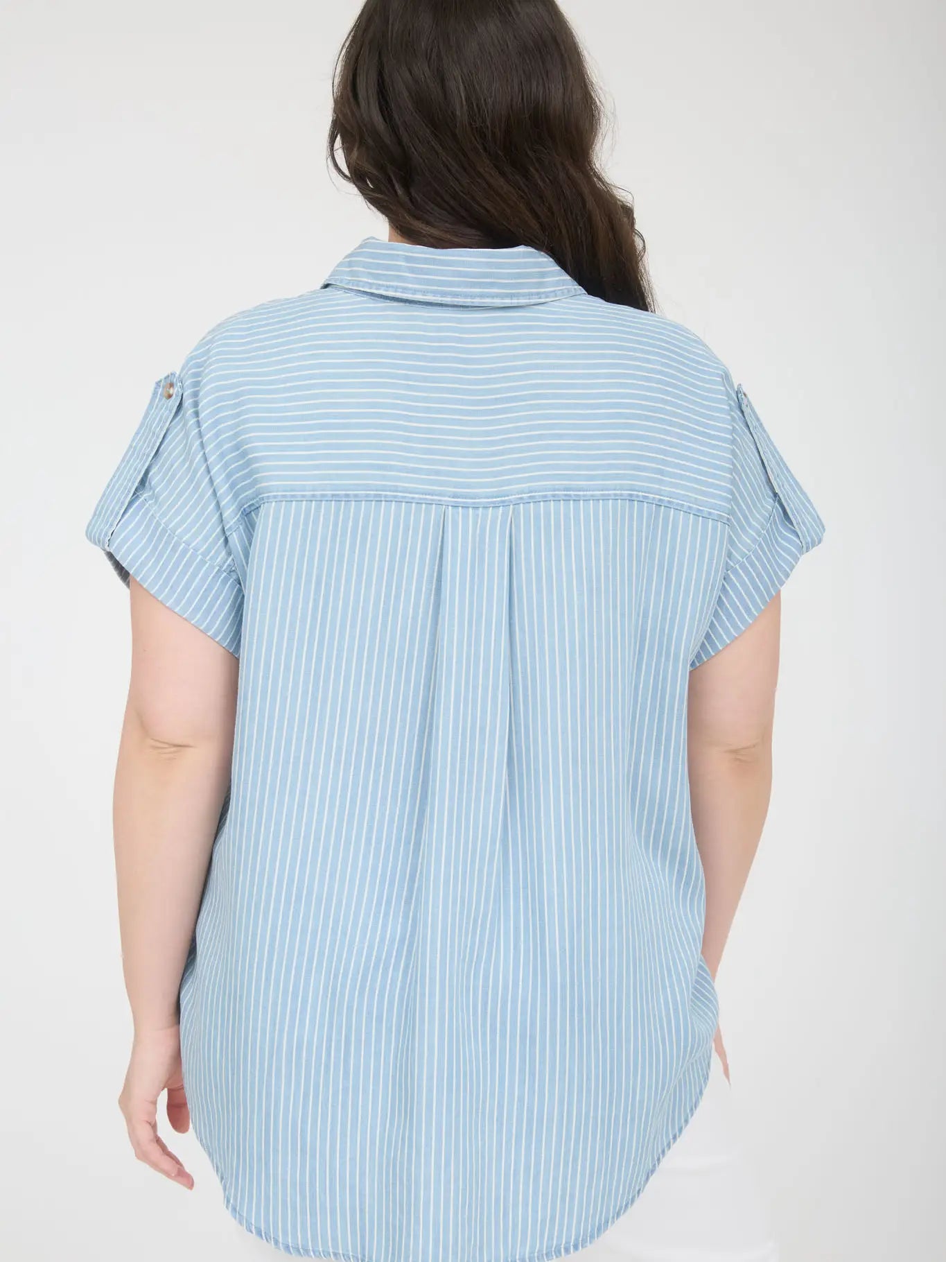 Plus Stripe Collared Pocket Detail Chambray Top
