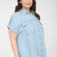 Plus Stripe Collared Pocket Detail Chambray Top