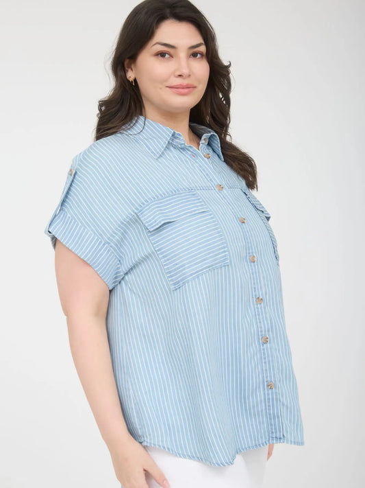 Plus Stripe Collared Pocket Detail Chambray Top