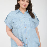 Plus Stripe Collared Pocket Detail Chambray Top