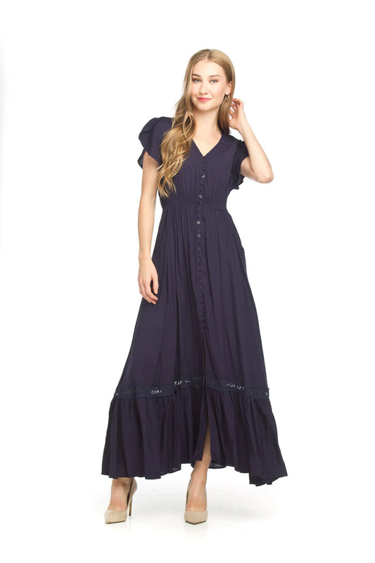 Solid Lace Inset Maxi Dress Navy