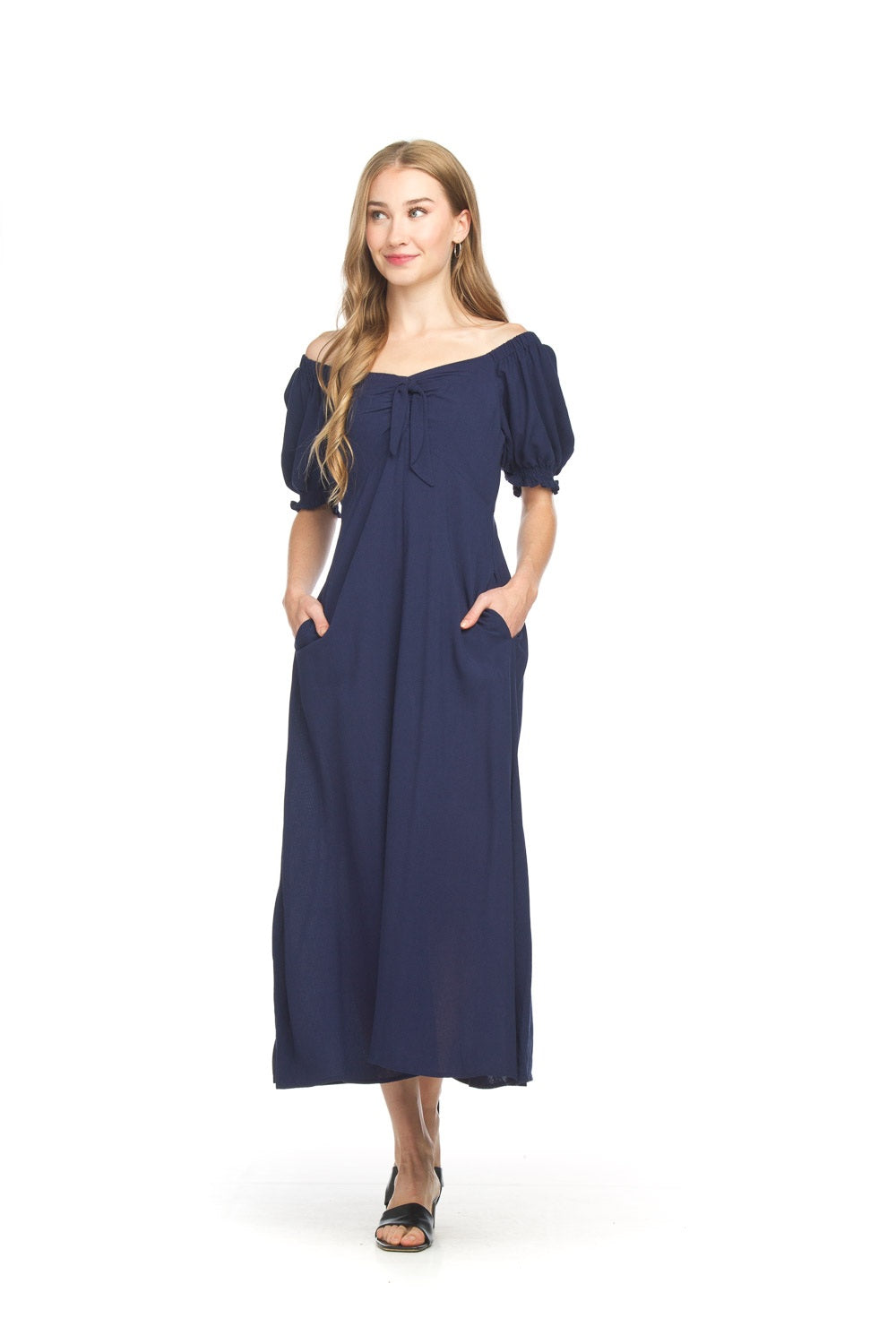 Off The Shoulder V Neck Midi Dress With Pockets